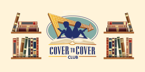 On a beige banner, is the Cover to Cover Logo with two silhouette in blue of youth reading two books under a row of red palm trees and the In-N-Out Logo with a yellow arrow.