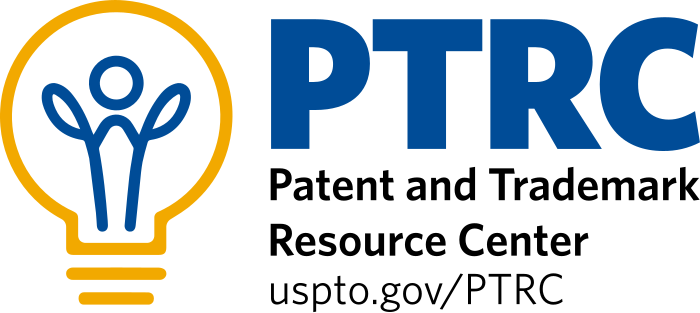 A yellow and blue lightbulb with the letters PTRC indicating the Patent and Trademark Resource Center