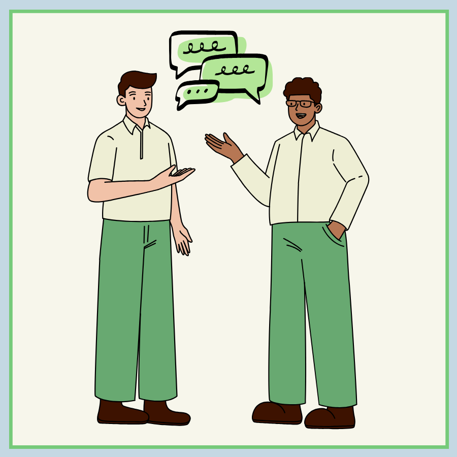 Illustration of two figures engaged in back-and-forth dialogue.   