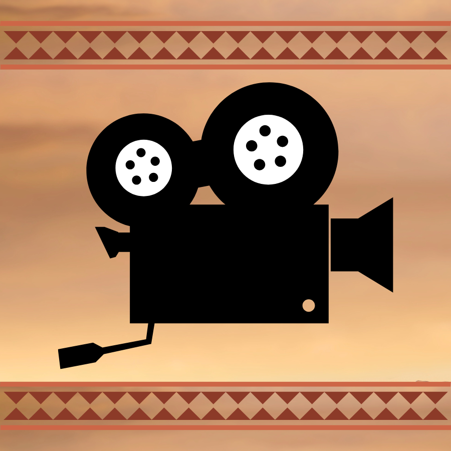 Film camera silhouette is framed by geometric banner, background is a glowing yellow sunset.  