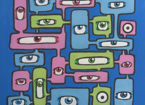 Detail of a painting with green, pink, blue rectangles containing eyeballs looking at the viewer.