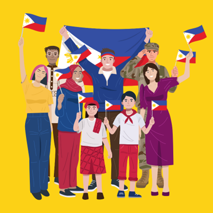 Illustrated set of eight figures, all waving small flags for the Philippines, set in a background of yellow.