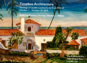 Painting of a mission style house white stucco walls and a red-tile roof by the sea