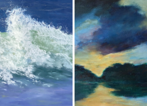 Details of two paintings, an ocean wave and a cloudy sunset