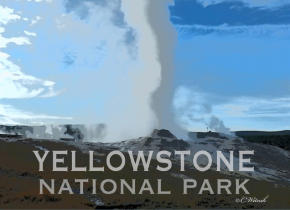 A poster of an erupting geyser with the text "Yellowstone National Park" below