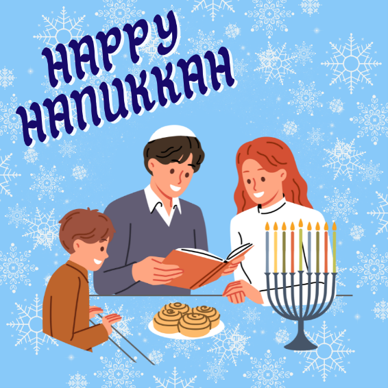 Two adults and a child read from a book in front of a lit menorah and a plate of rugelach. In the top left corner is ”Happy Hanukkah” in blue letters. The background is pale blue with white snowflakes.