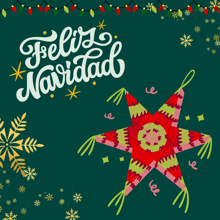 A red and green piñata with ”Feliz Navidad” in white cursive. The background is dark green with red and green holiday lights and gold snowflakes.