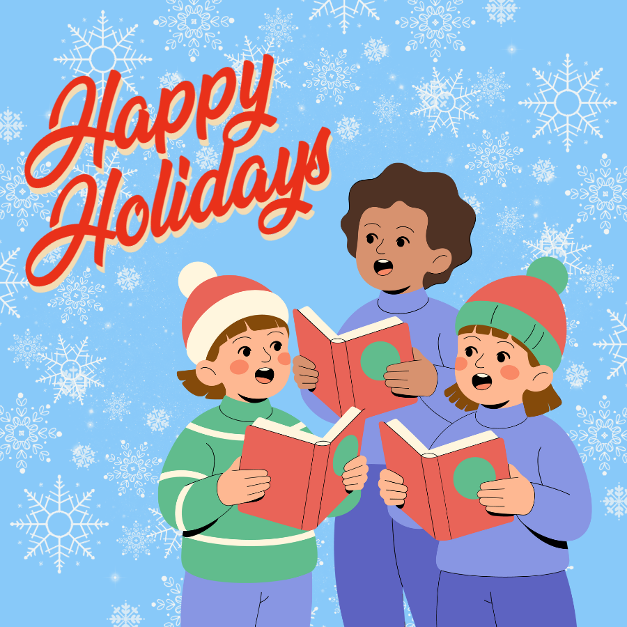 Three figures in sweaters, two in knit caps, sing from red books with ”Happy Holidays” in red script above them. The background is pale blue with white snowflakes.