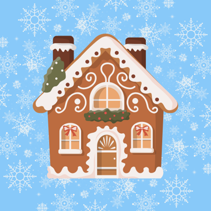 A cartoon gingerbread house with swirls of white frosting, red bows in the windows, and greenery on the roof. The background is pale blue with white snowflakes.