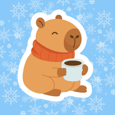 A capybara wearing a red sweater sits and holds a pale blue mug filled with hot chocolate. The background is pale blue with white snowflakes.