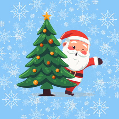 Santa Claus (a man with a long white beard and mustache, jolly red cheeks, and a red suit and cap) waves from behind a Christmas tree with red and yellow ornaments and a yellow star on top. The background is pale blue with white snowflakes.