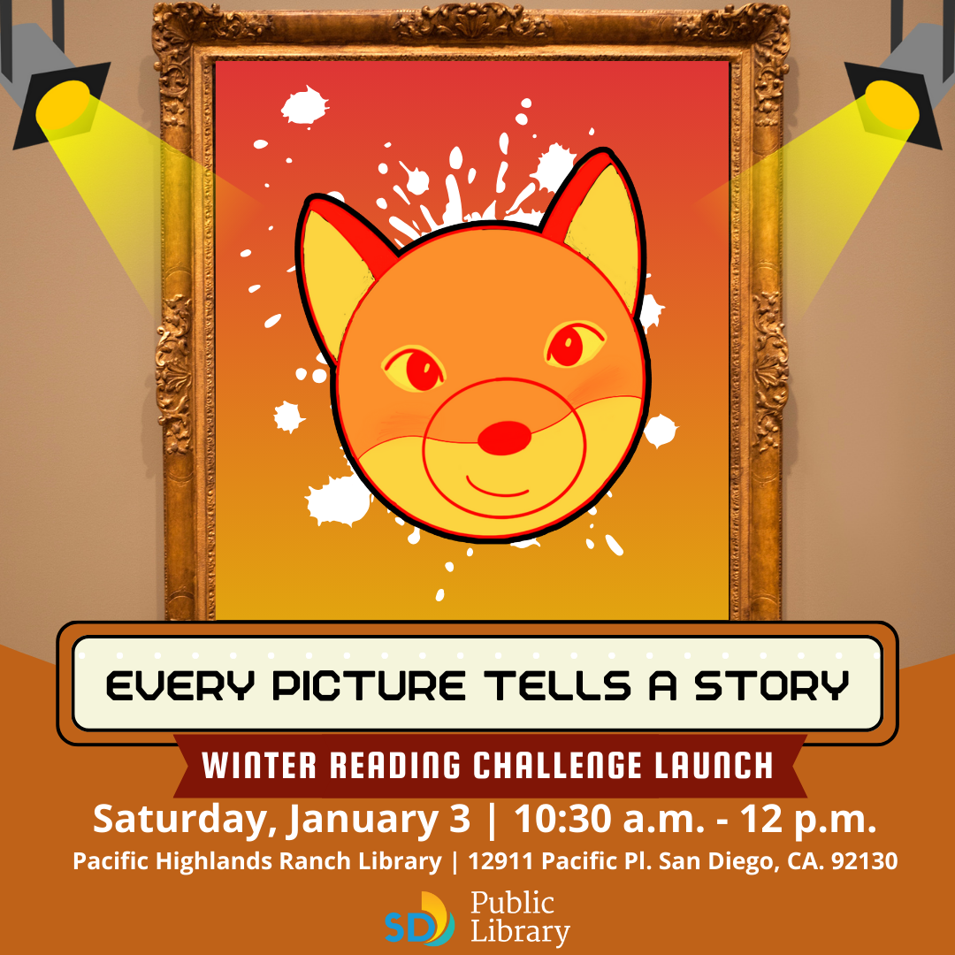 Two gray metal spotlights shine yellow light on a gold picture frame with an image of Odi the Coyote who is designed in orange and yellow colors.