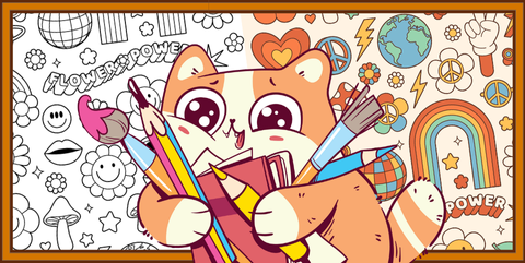 an orange tabby cat is happy and carrying art supplies on a colorful background of art icons.