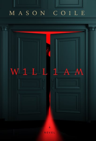 The cover features black double doors opening away from the reader with a figure silhouetted against the red light pouring out from the room. The author’s name is printed above the doorway with the title in red font in the foreground of the doorway. 