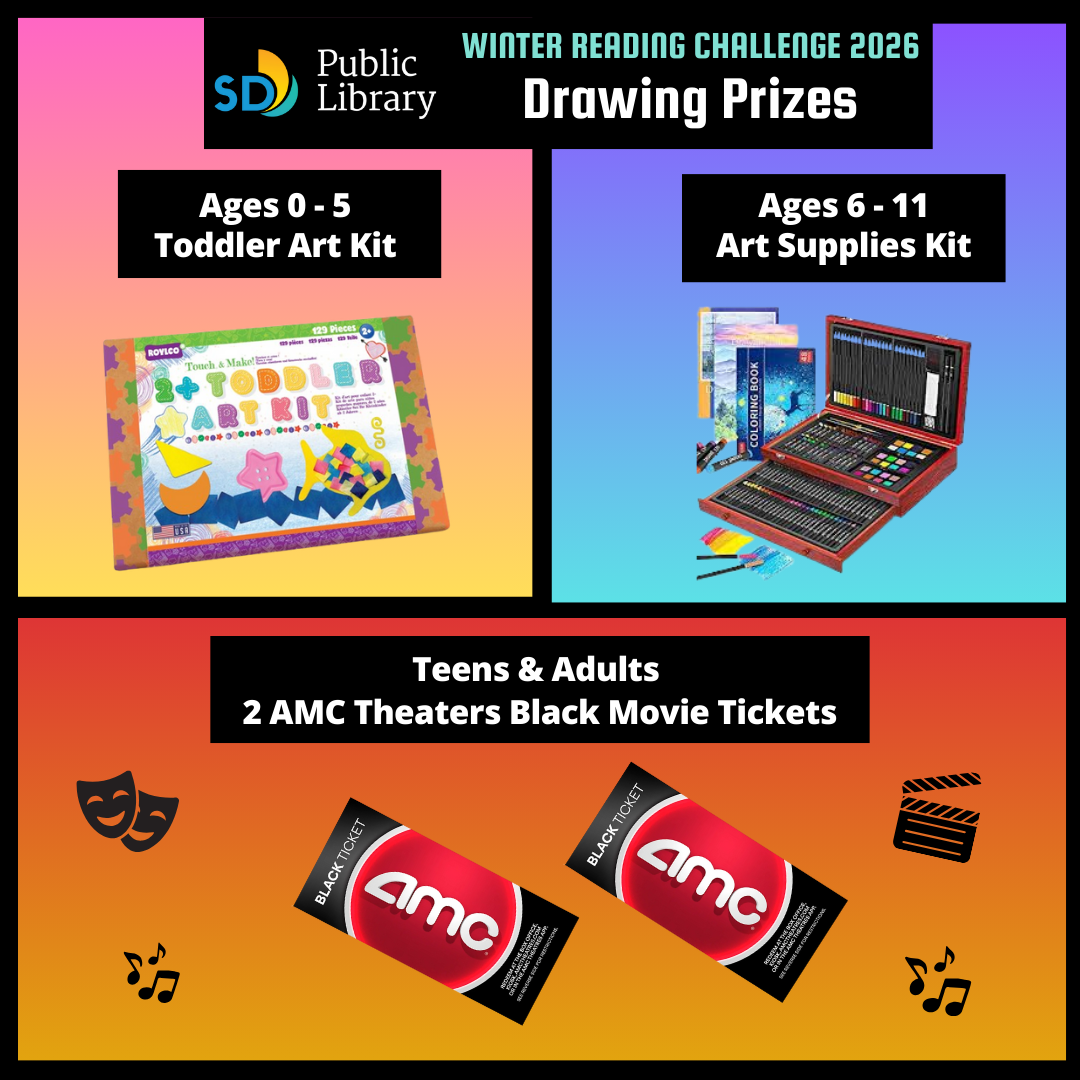 On a multicolored background of 4 colorful squares in pink, orange, yellow, blue, and purple sits black and red movie tickets, and art kits that have colorful art supplies! 