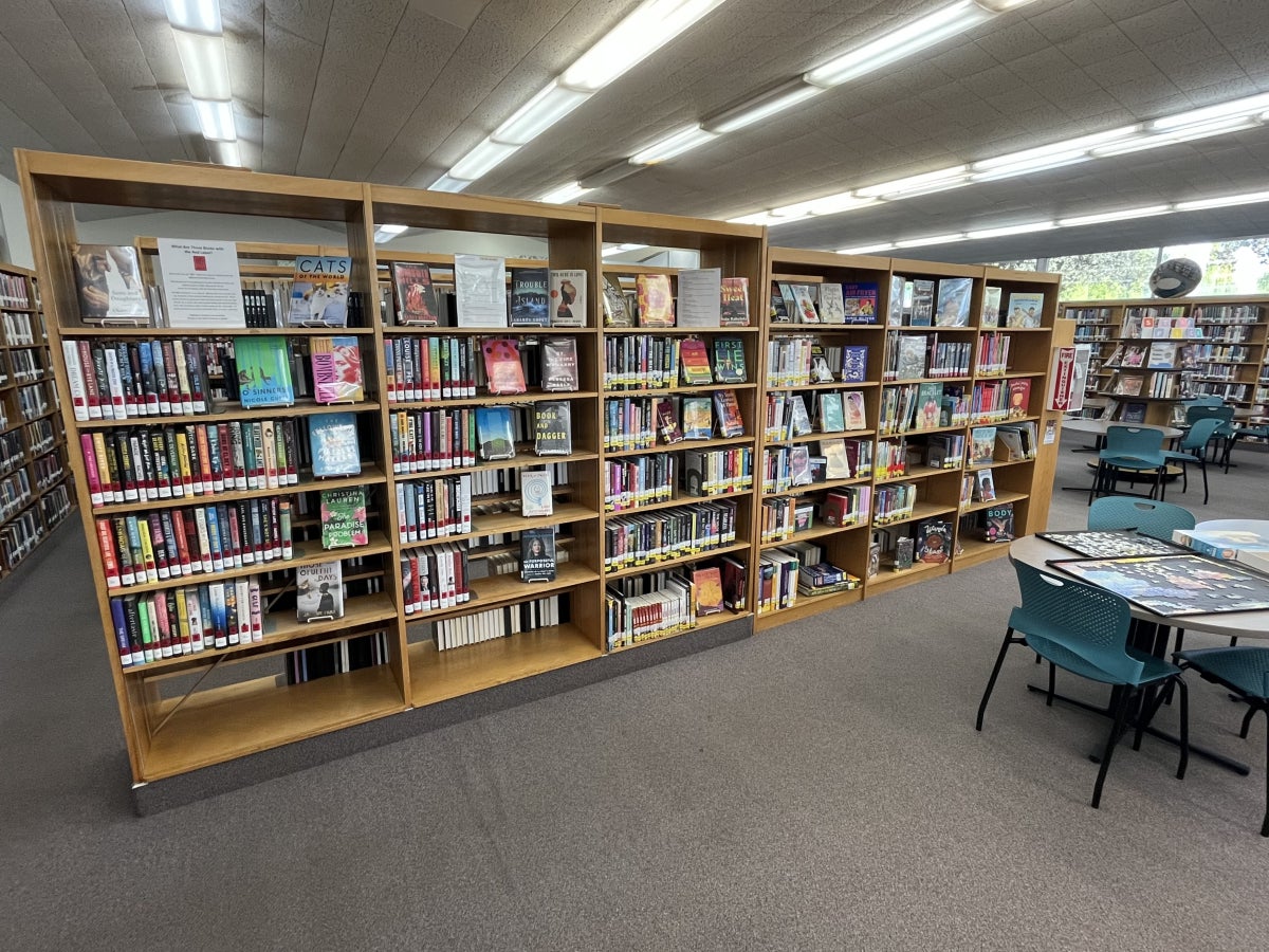  Expansive public library interior featuring long wooden bookshelves filled with a new book collection, colorful book covers displayed face-out, neatly organized fiction and nonfiction titles, bright fluorescent ceiling lights, carpeted floors, and reading tables with teal chairs, showcasing a  well-lit library space dedicated to browsing, reading, and community learning.