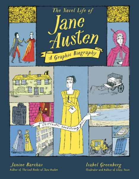 The cover features Edward Gory-style illustrations of Regency figures. The figures are set in tiles with the colors yellow, blue, pink, and gray. The title is centered in bold, yellow characters against a blue background, above the subtitle, set in a yellow banner.