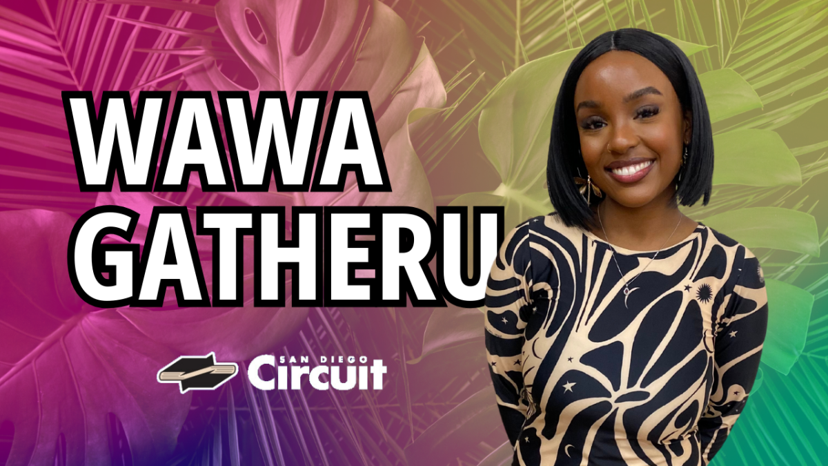 Stylized photo collage of a young woman in front of a colorful plant background.