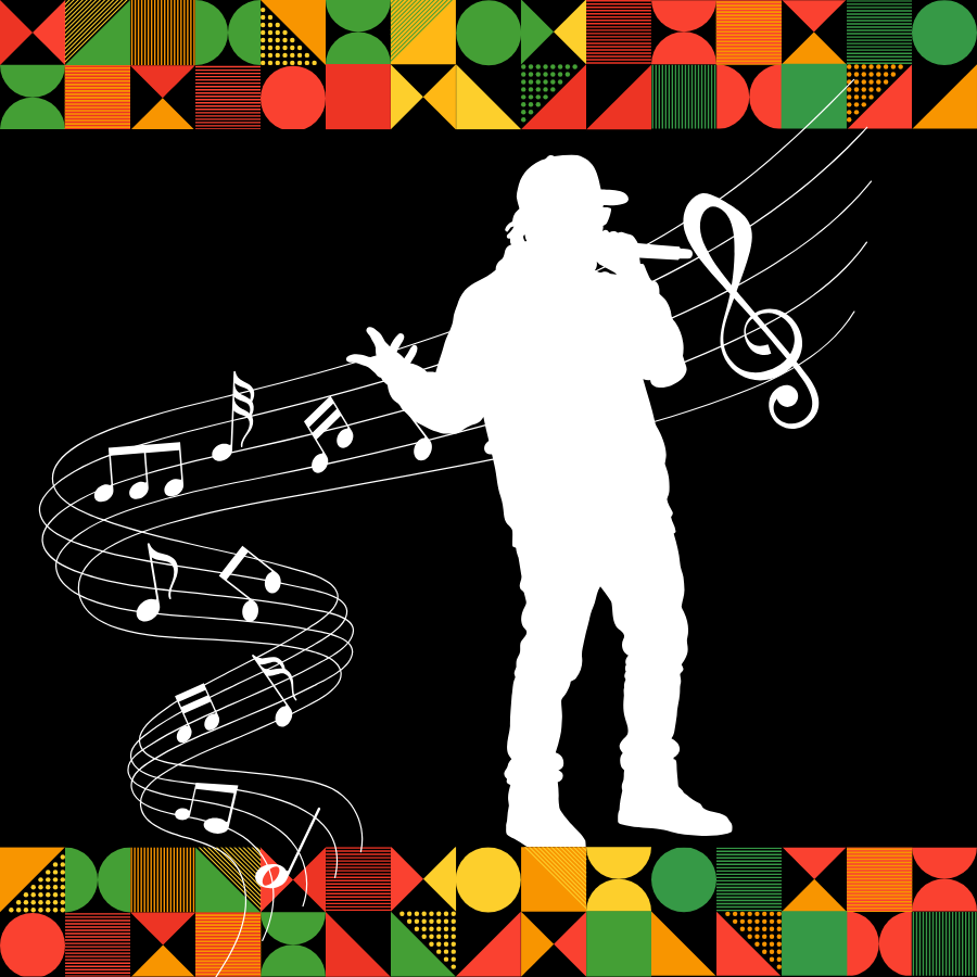 Decorative border in orange, red, yellow and green frame a white silhouette of a male figure with a mic. Musical notes float diagonally across the black background.