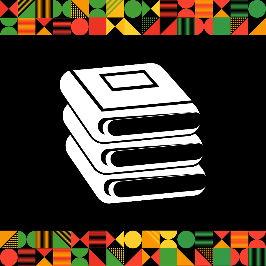 Decorative border in orange, red, yellow and green frame a white silhouette of a stack of books.