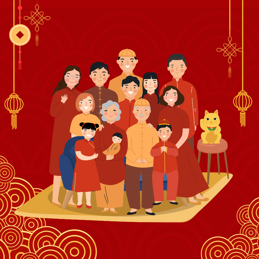 An intergenerational group of figures gathers to celebrate Lunar New Year. They are dressed in shades of red and gold and smile together, as if being photographed. 