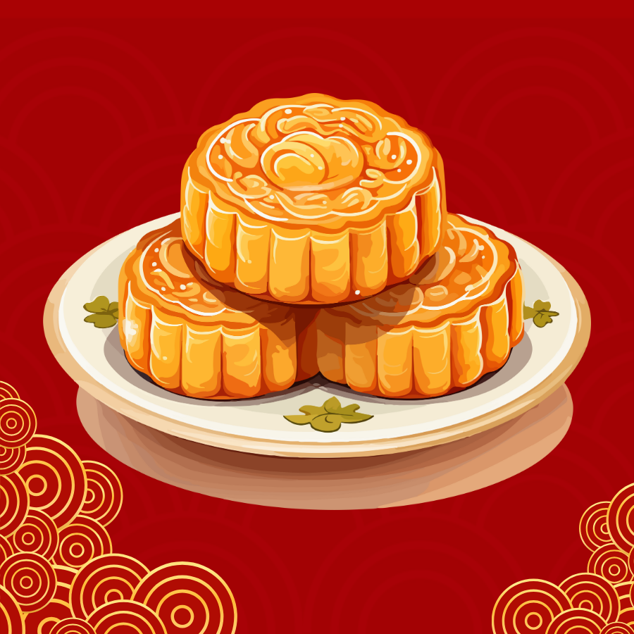 Three mooncakes are stacked on a white plate. Mooncakes are given as gifts during Lunar New Year, symbolizing unity and harmony. 