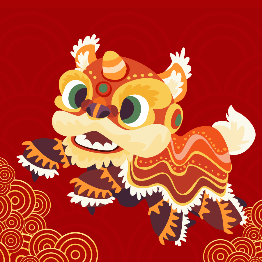 A traditional Chinese lion leaps joyfully in the air dancing. The lion dance is performed during Lunar New Year to bring good fortune and drive away evil spirits. 