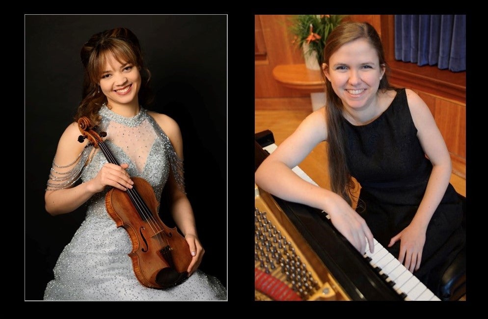 Horizontal publicity photos of violinist Annelle Gregory, seated and holding a violin, and Oksana Stock, seated at a piano