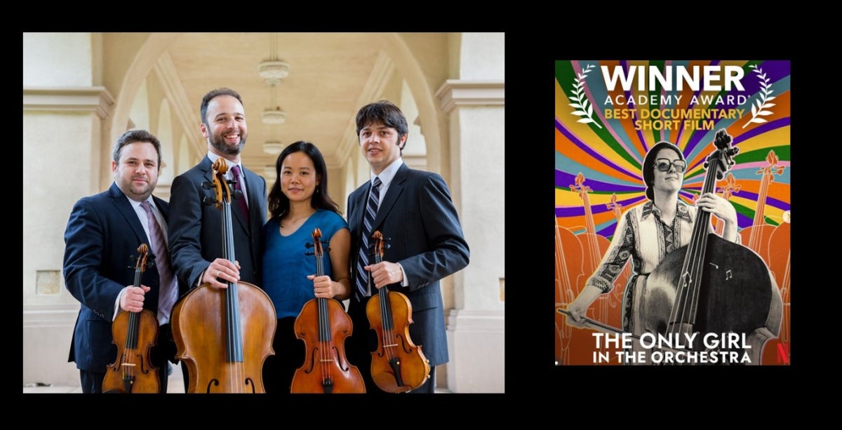 publicity photo of the members of the Hausmann Quartet holding instruments and the film poster for The Only Girl in the Orchestra, with Orin O’Brien holding a bass and bow wearing glasses
