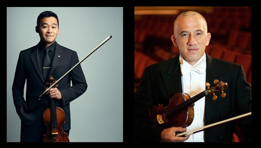 Side by side publicity photos of Kenneth Liao, standing and holding a violin, and violinist/pianist Igor Pandurski holding a violin