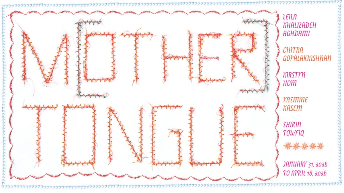 Exhibition name "M(other) Tongue" stitched in red on white background with names of artists stitched on the side