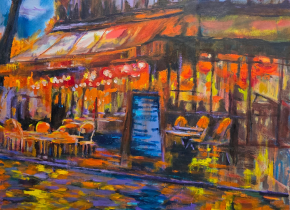 Detail of an oil painting of the exterior of a cafe on a rainy street