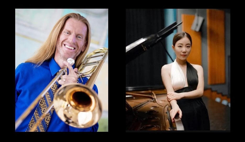 Side by side publicity photos of Eric Starr, smiling and holding a trombone, and Hyemi Kwon, standing next to a piano