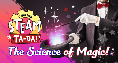 An image is split with pink and purple stars on one side and other side a magician in a black tuxedo holds a magic wand to a black top hat with purple and white magic sparks coming out.