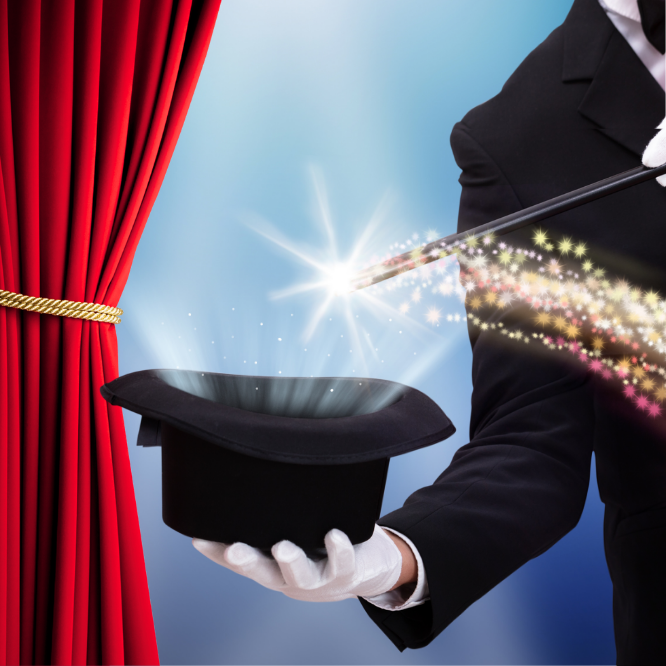 Behind red curtains, a magician in a black and white tuxedo holds a magic wand into his black top hat with magical yellow sparks going into the hat.