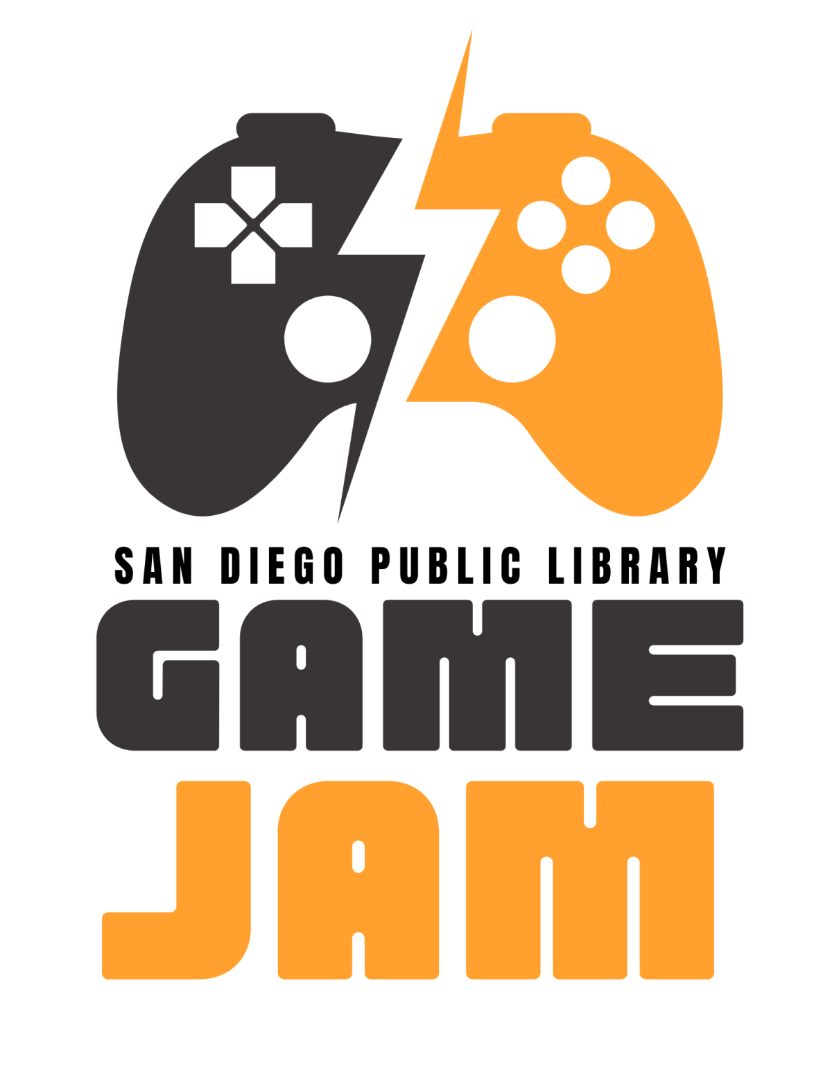 Illustration of a black and orange video game controller above large text stating “San Diego Public Library Game Jam.”