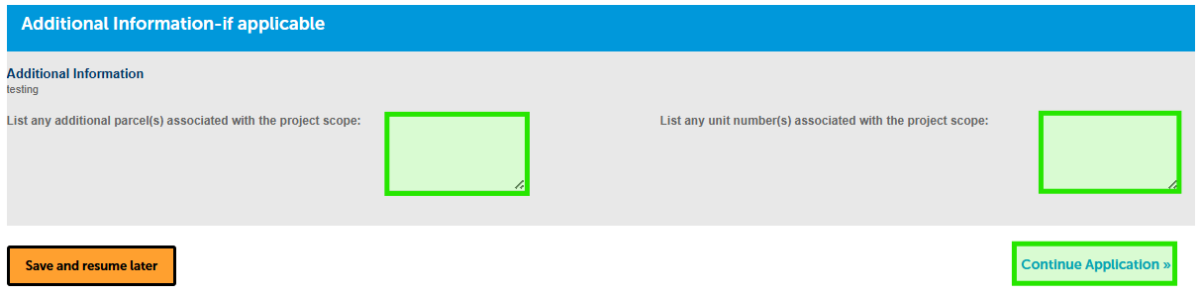 Screen reference displaying where to place additional parcels or associated unit numbers with the project scope on the online permitting portal.