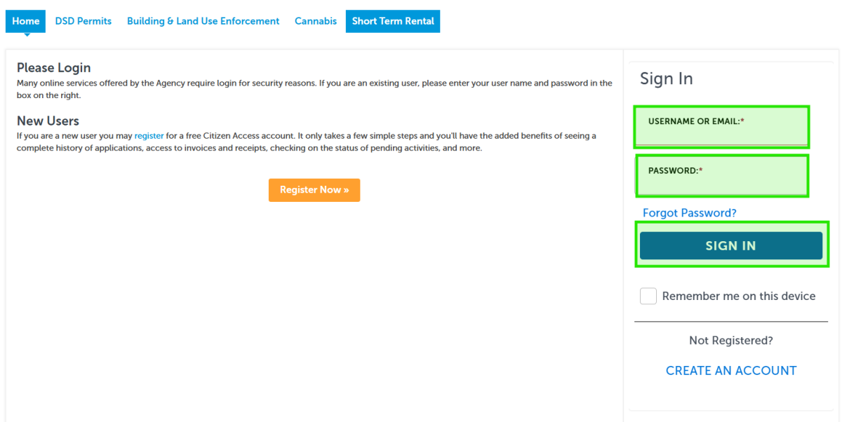 Screen reference of where to type your login or email address, your password and where to push the "Sign In" button on the online permitting portal.
