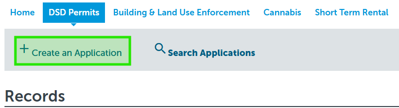 Screen reference of clicking on the option to "Create and Application" on the online permitting portal.