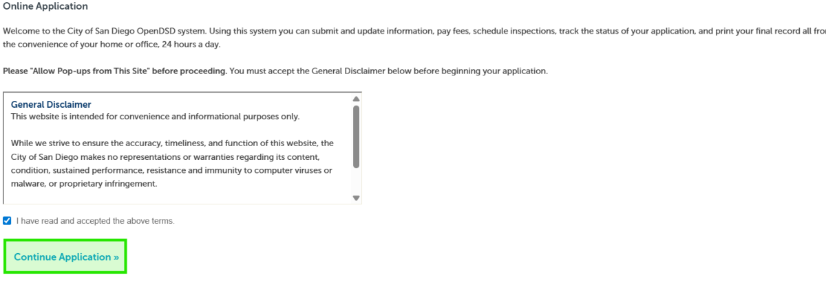 Screen reference of clicking on the "continue application" button.