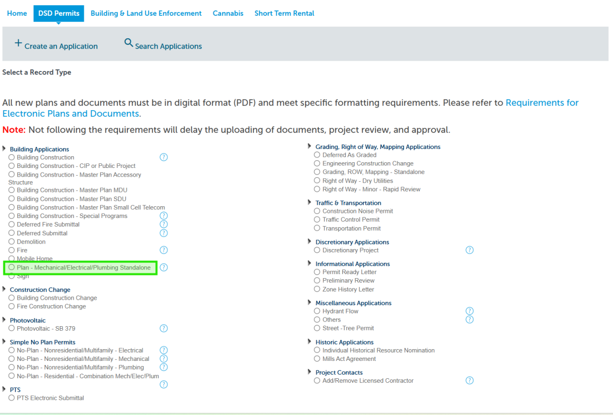Screen reference of clicking on the option for "Plan - Mechanical/Electrical/Plumbing Standalone" Building Applications.