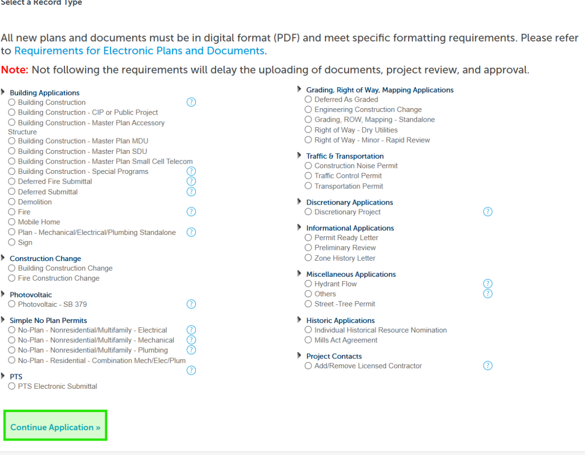 Screen reference of clicking on the "Continue Application" button.