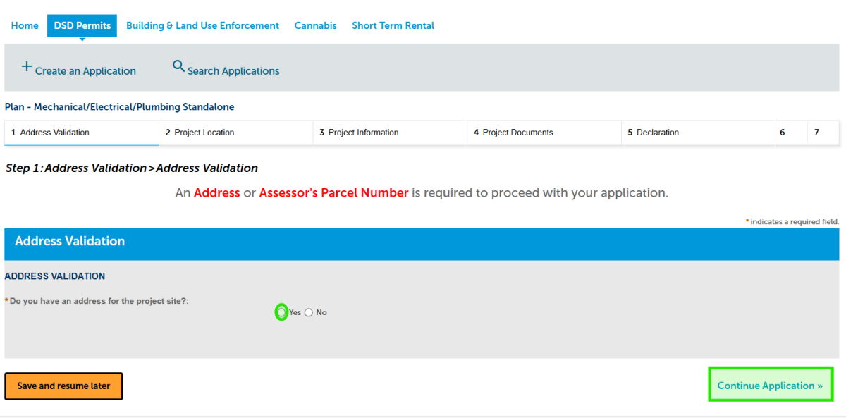 Screen reference of clicking on the option confirming there is an address for the application, and where to click on "Continue Application" on the online permitting portal.