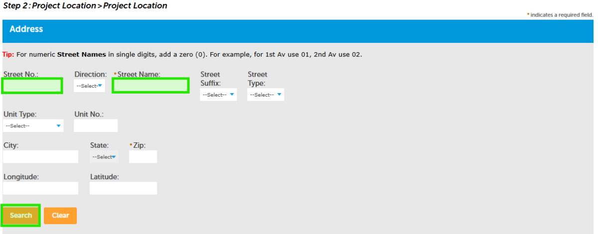 Screen reference of inserting the street number and and street name only -without any other information- when inputting the address search on the online permitting portal. 