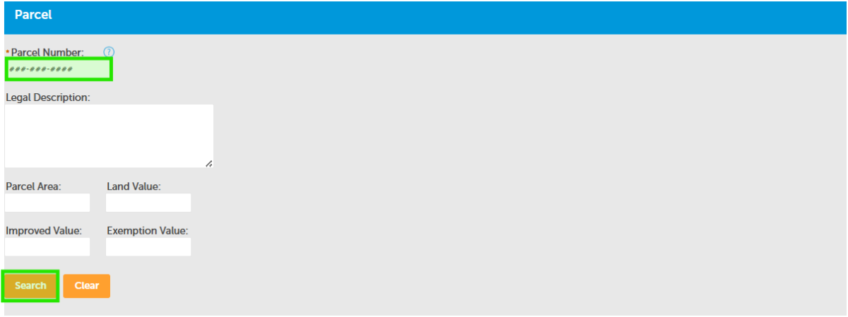 Screen reference on how to conduct a search by APN for a property when applying for a permit. 