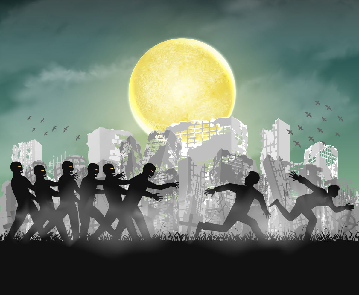 Illustration of people running away from a group of zombies with city ruins and full moon in the background.