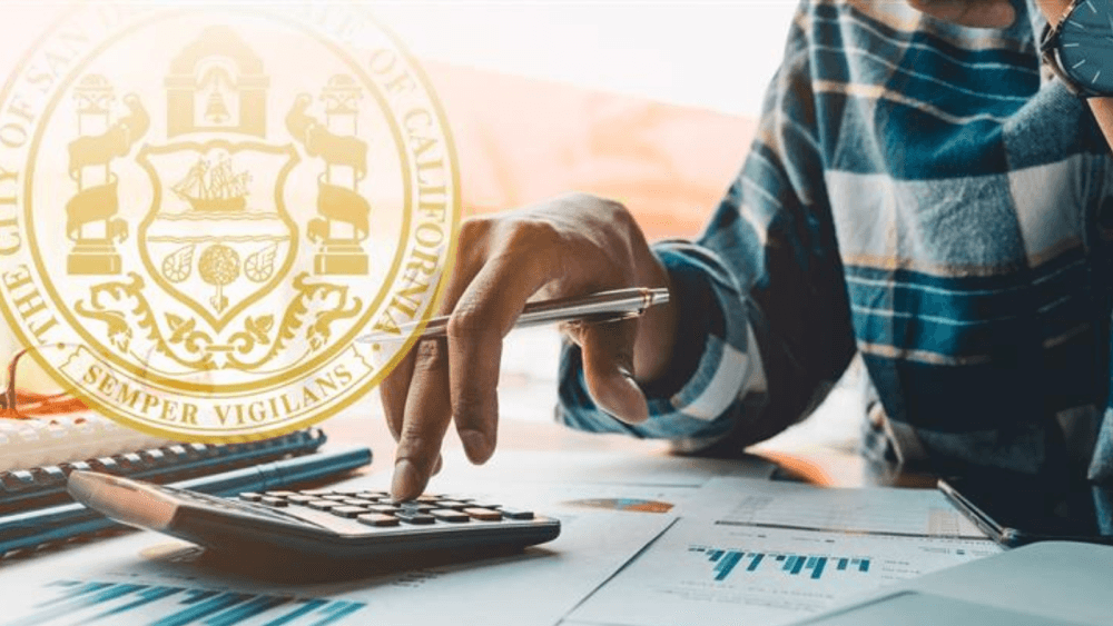 Person calculating and city seal overlayed