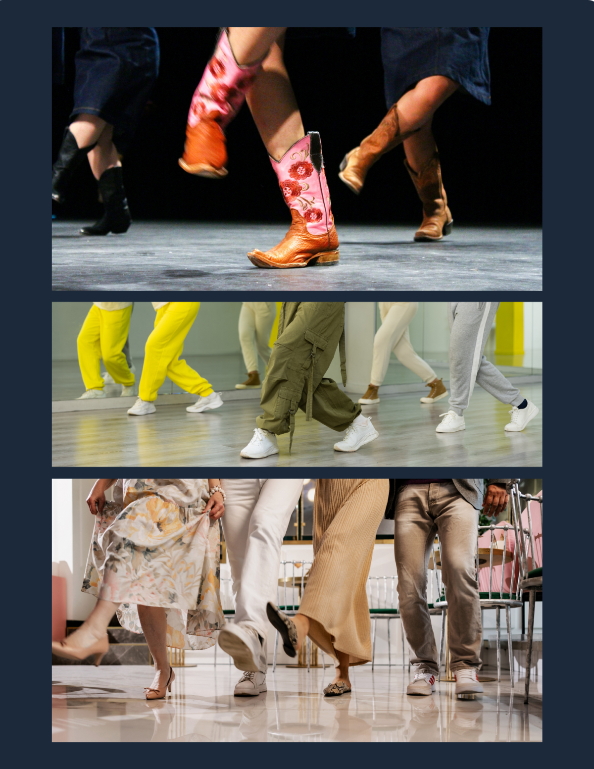 Three photos of feet performing line dancing.