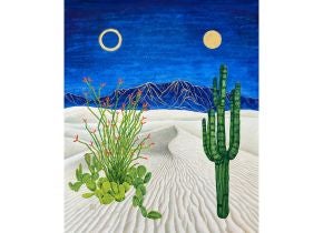 A desert landscape set in the foreground of a mountain range, featuring two large cactus varieties: the Saguaro and Ocotillo. 