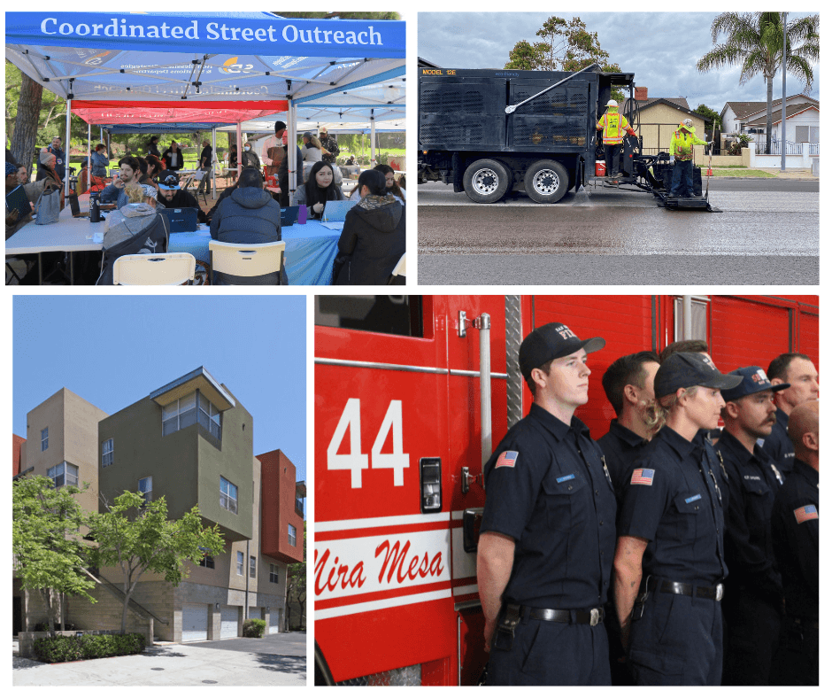 Photo collage of Fire department members, condominiums, street paving and community outreach event